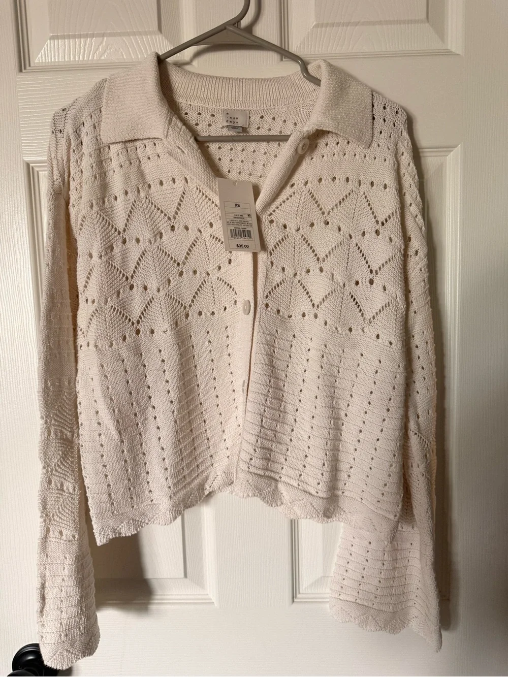 Women's Collared Crochet Cardigan - A New Day Cream XS